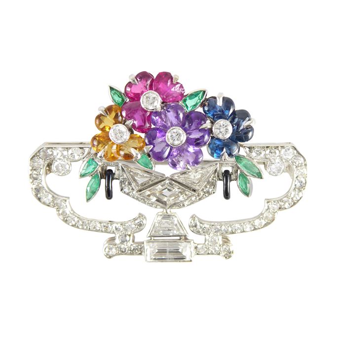   Van Cleef &amp; Arpels - Art Deco diamond and coloured gem set flower vase brooch | MasterArt